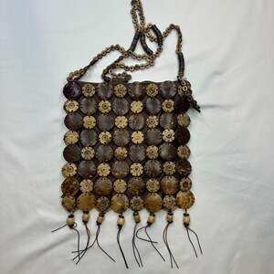 VTG Wooden Beads Purse Boho Fringe Bag Button Look Shoulder Hippie Crossbody